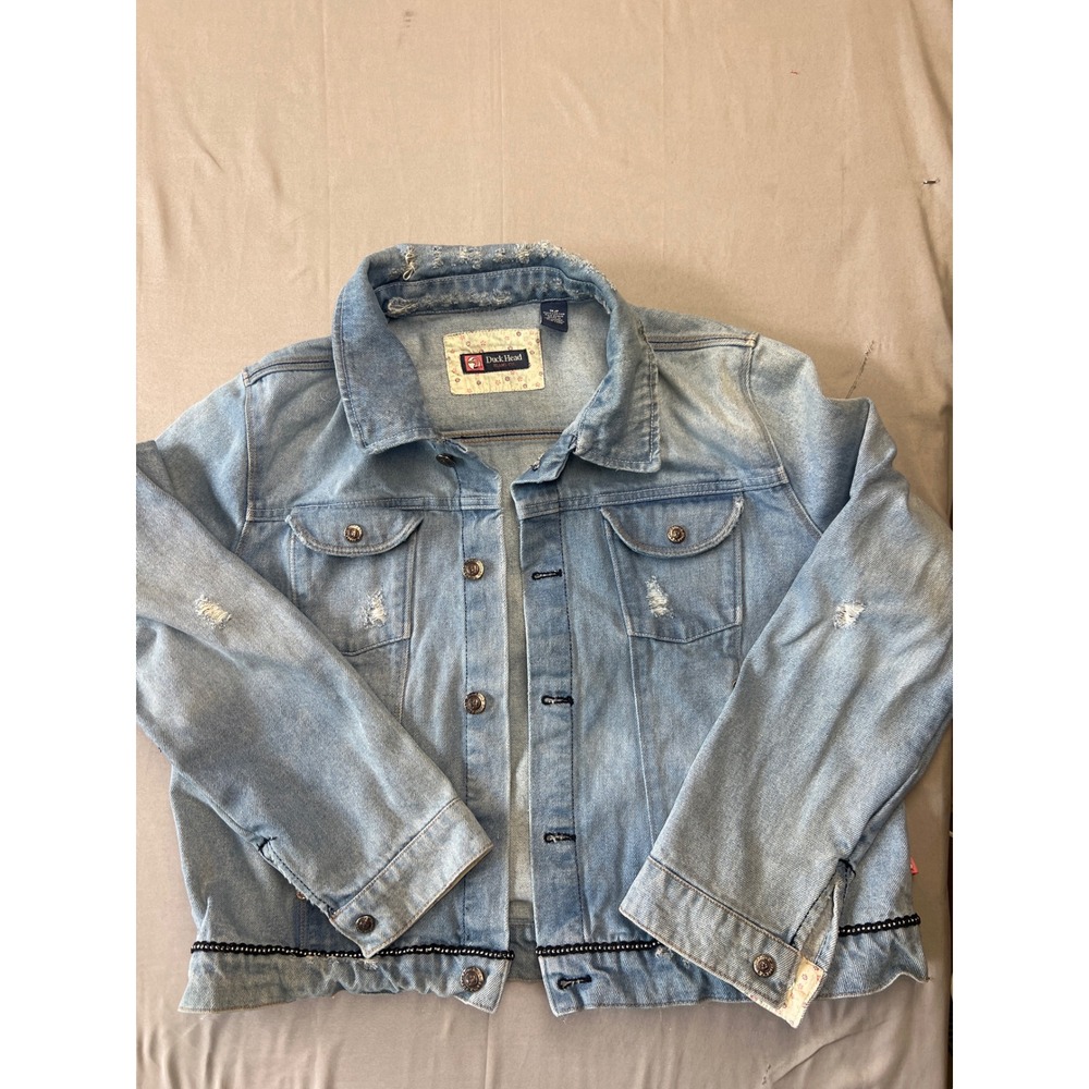 Duck Head Jeans Co Light Wash Distressed Denim Jacket Beaded Trim Womens 1XJP